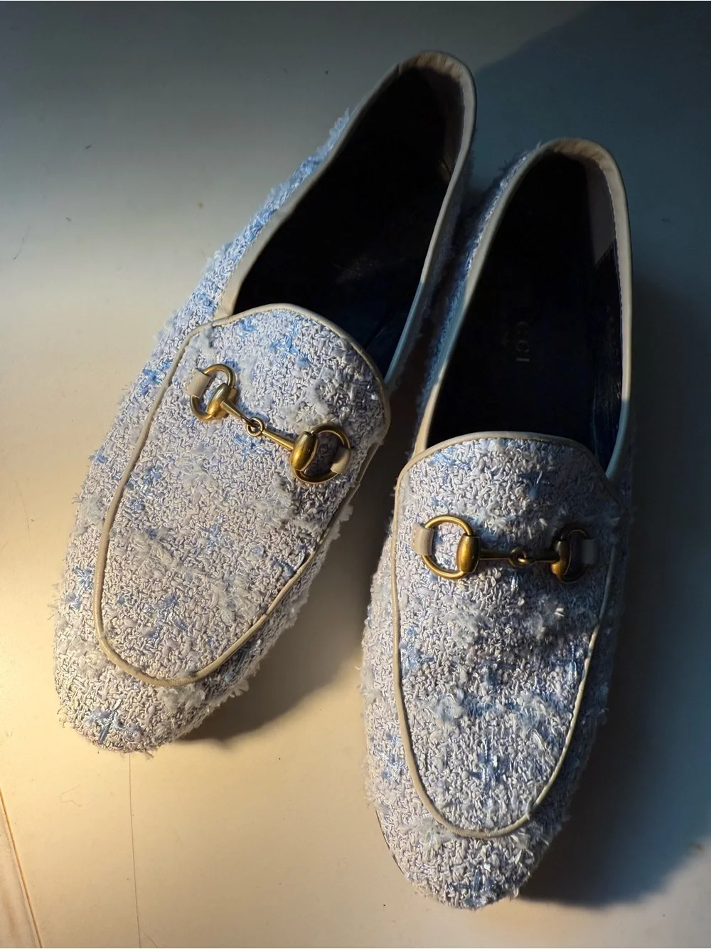 Gucci Cream and Light Blue Textured Men's Slip-On Loafers with Gold Bit